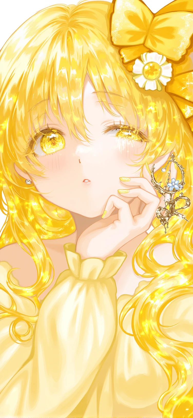 A fantasy-themed digital illustration. The overall style is detailed, with a emphasis on the play of light and the reflective qualities of the character's eyes and accessories. a cute girl yellow 