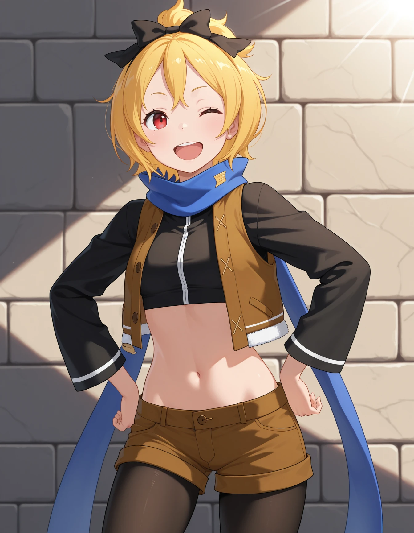 <lora:Felt:1>1girl, solo, 
f3lt, blonde hair, black hair bow, short hair, red eyes, one eye closed, wink, 
f3lt, cropped jacket, brown vest, open vest, blue scarf, brown shorts, short shorts, pantyhose under shorts, midriff, 
facing viewer, hands on hips, 
smile, open mouth,
stone wall, sunlight, masterpiece, best quality, amazing quality