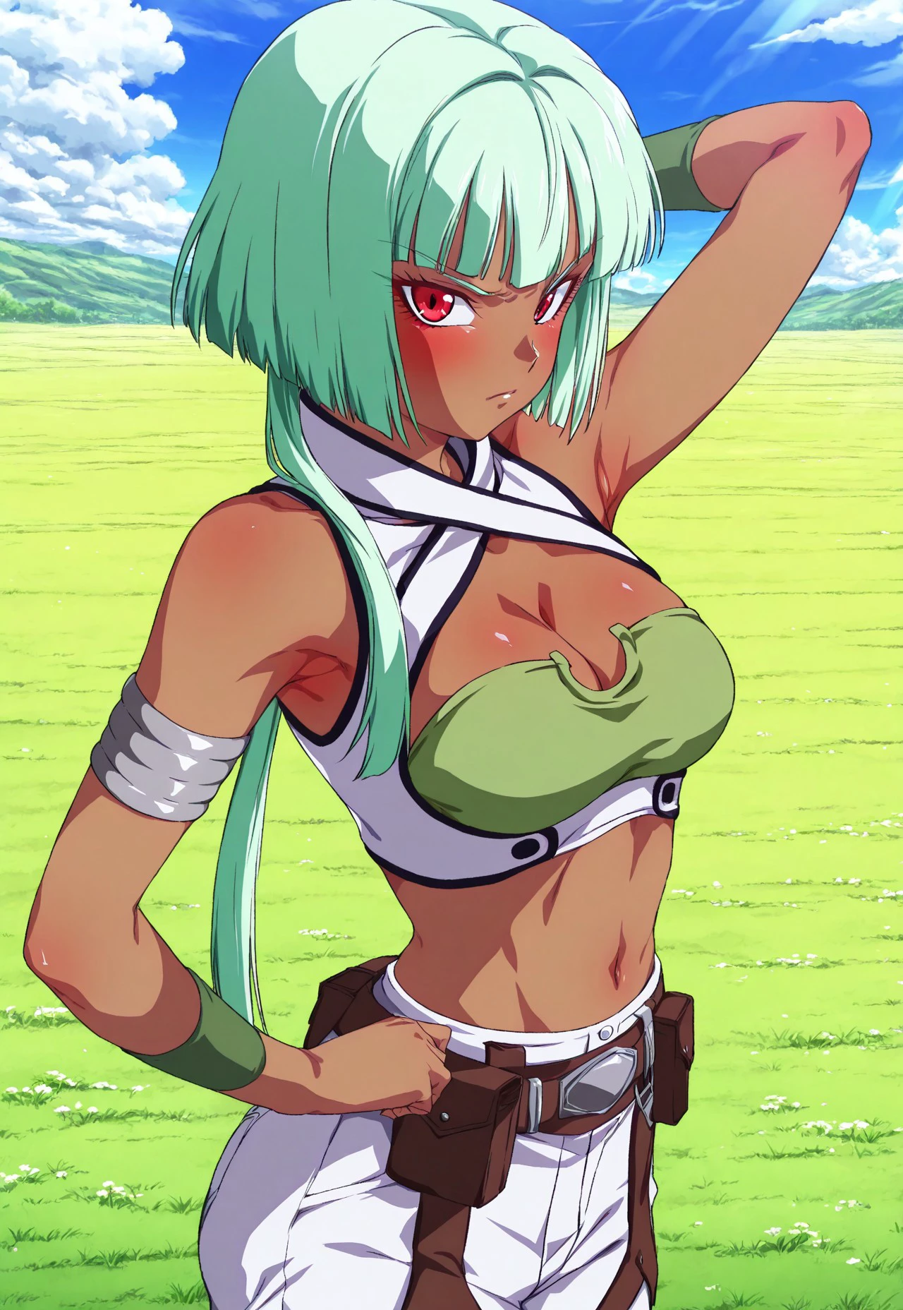 safe_pos, safe_pos, Anime screencap, Masterpiece, high-res, absurdres, Rom@_ArtStyle, 1girl, solo, solo focus, EmeraldSustrai, dark skin, red eyes, sharp eyes, green hair, short hair with long locks, green bustier, white vest, criss-cross halter, cleavage, armlet, midriff, navel, white pants, brown belt, medium breasts, one hand on hip, one hand behind head, armpit, scowl, angry, v-shaped eyebrows, shiny skin, cowboy shot, front view, outdoors, meadow, sky, dappled sunlight, side view, looking at viewer
<lora:ChamEmeraldSustraiIllustriousXL:1>