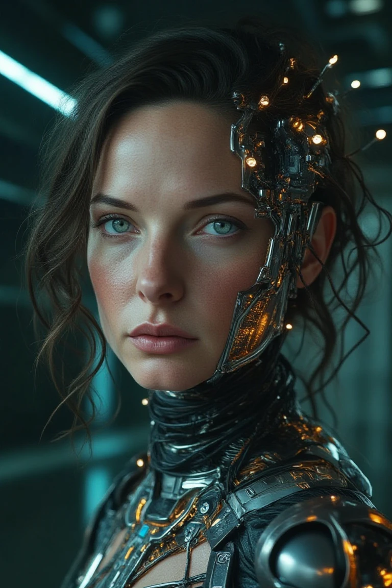 A highly detailed, realistic photo of a cybernetic woman. Her face is a seamless blend of human beauty and advanced technology, with metallic plates and glowing, intricate circuits integrated into her skin. Her eyes are striking that conveys intelligence and mystery. Delicate wires and biomechanical elements weave through her hair, styled sleekly to enhance her futuristic appearance. Her expression is confident and serene, emphasizing her humanity despite her cybernetic enhancements. The background is minimal and dark, with subtle futuristic light patterns, drawing full attention to the intricate details of her face and design. The overall image is hyper-realistic, with fine textures, soft lighting, and a cinematic atmosphere.