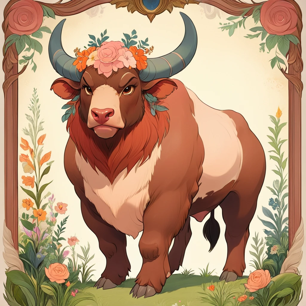 <lora:Disney_NouveauSDXL:1> ArsMJStyle, Disney Nouveau, The image shows a painting of a bull with horns and flowers on its head surrounded by a frame of plants and flowers., no humans, flower, horns, solo, pokemon (creature), grass, full body, standing, border, brown eyes