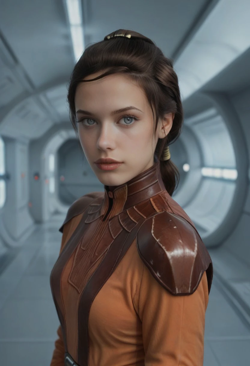 score_9, score_8_up, score_7_up, realistic photo of bstlshn, 19-year-old 1girl, brown hair, twin ponytail updo, grey eyes, orange jedi outfit, leather armor, portrait, (looking at viewer), parted lips, shy look, parted lips, masterpiece, slim figure, petite, pale skin, star wars environment, insdoors, spaceship room, spaceship interior, spaceship hallway, side lighting, warm lights, by loish