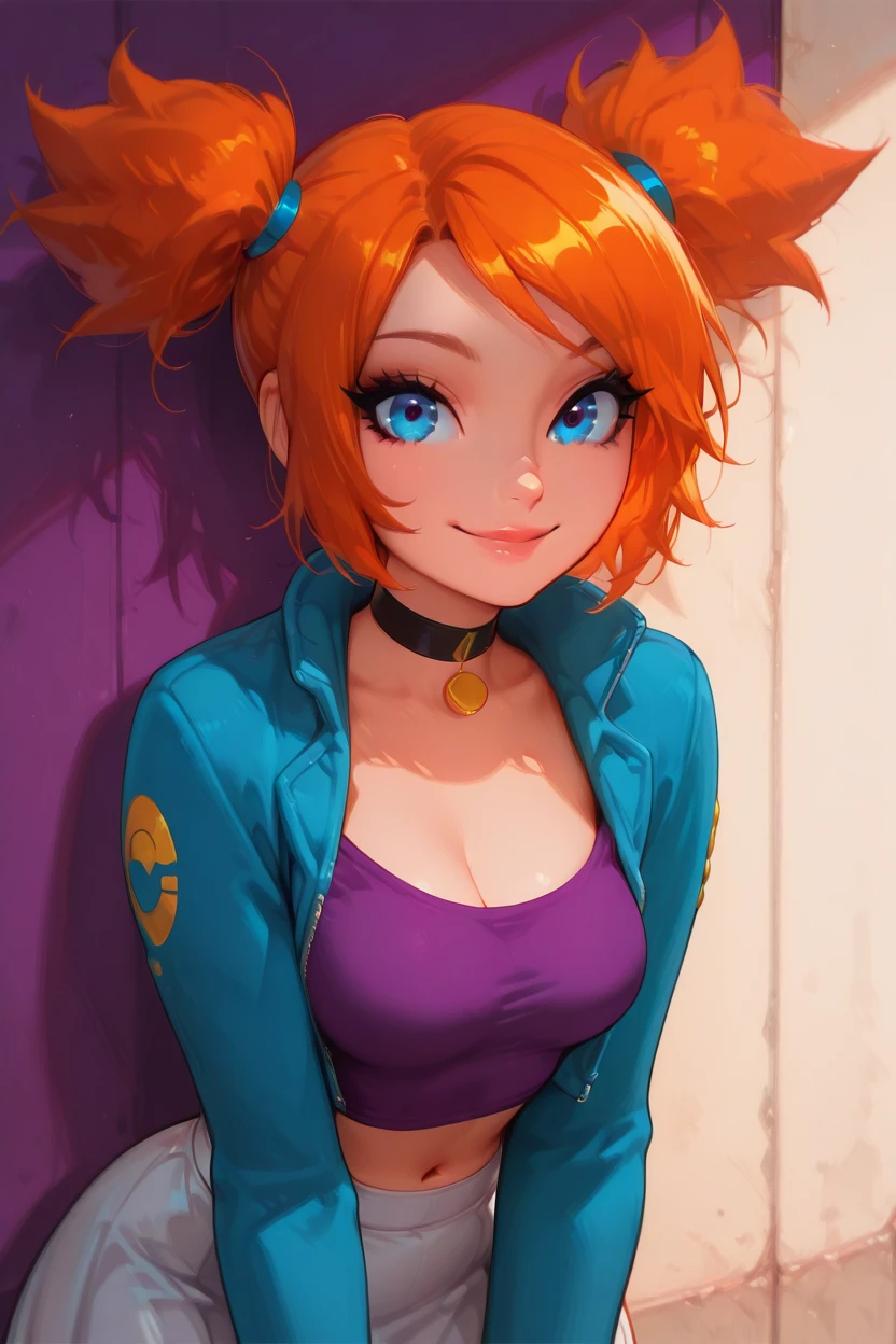 masterpiece, best quality, 1girl, solo, smile, looking at viewer, medium breasts, (curvy), cute, eyelashes, zzRui, blue eyes, orange hair, short hair, twintails,  choker, purple shirt, navel, midriff, long sleeves, blue jacket, open jacket, white skirt,  <lora:RuiPokemonIXL_v4:1.0>, ,,,solo, (beautiful eyes), beautiful lips, upper body, leaning forward, portrait, smile, looking at viewer, <lora:CyberPerfectionIXL:1.0>,