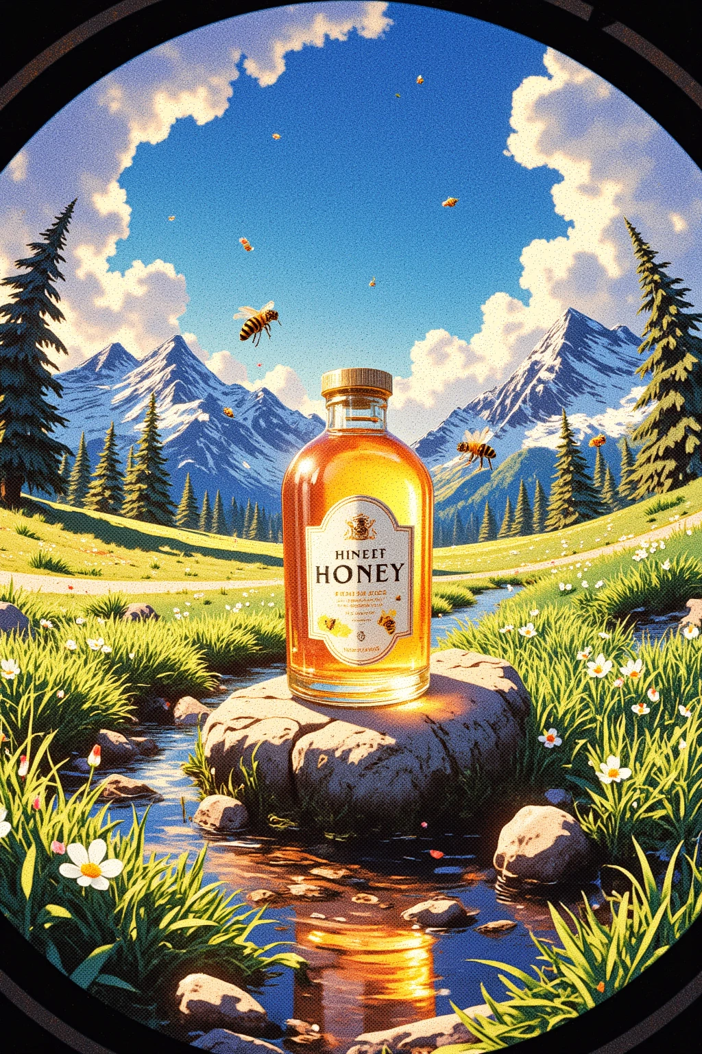 fisheye lens, A beautifully hand-drawn illustration with a fisheye lens aesthetic, depicting a bottle of honey perched on a verdant meadow, basking in the warm sunlight of a cloud-dappled钴 blue sky. The backdrop is dominated by the majestic silhouette of snow-capped mountains, their icy peaks contrasting with the sunlit meadow. Lifelike bees flit around the honey, their movements captured with energetic lines that evoke the essence of their activity. A small stream meanders peacefully through the scene, its surface reflecting the azure sky and the lush greens of the surrounding flora. The artwork evokes a sense of expansive wonder, with the fisheye perspective adding a unique twist to the pastoral landscape.