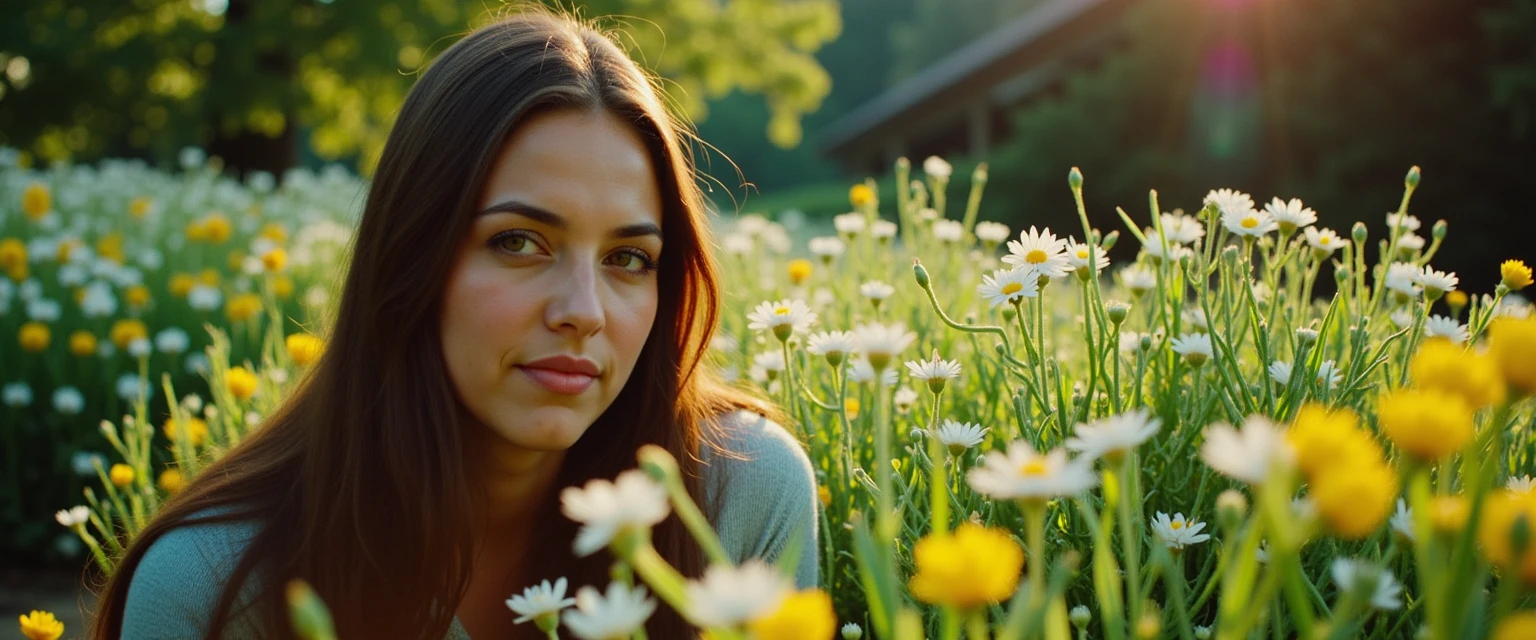 Ultima Cine, Cinematic film still of a beautiful woman in a flower garden, film grain,  lens flare, bokeh, film look, kodak, fujifilm.<lora:Ultima_Cine_Flux_v0.2:0.8>