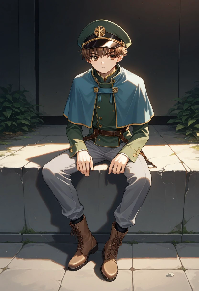 masterpiece, best quality, 
shaoran, 1boy, male focus, solo, brown eyes, brown hair, short hair, hat, peaked cap, jacket, green jacket, long sleeves, capelet, blue capelet, pants, grey pants, boots, brown footwear,
indoor,