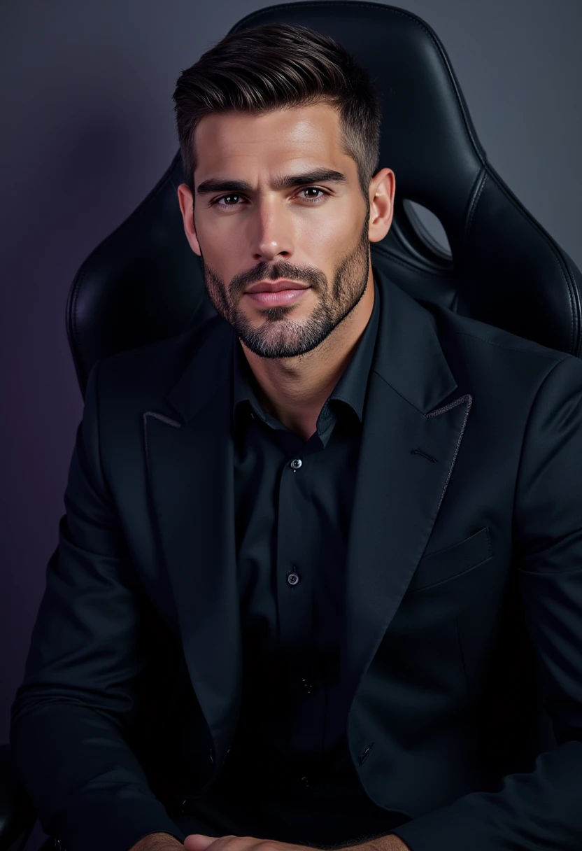 portrait of a good looking man, wearing a gamer suit, sitting in a gaming chair, front view, direct eye contact, beard, 40 years old