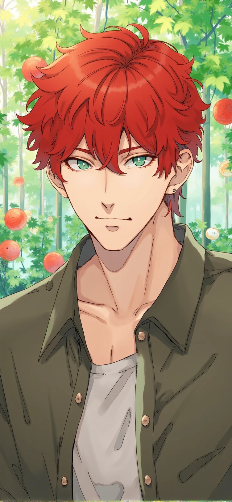 An anime-style illustration.  a handsome man with red hair, and green eyes,in a garden