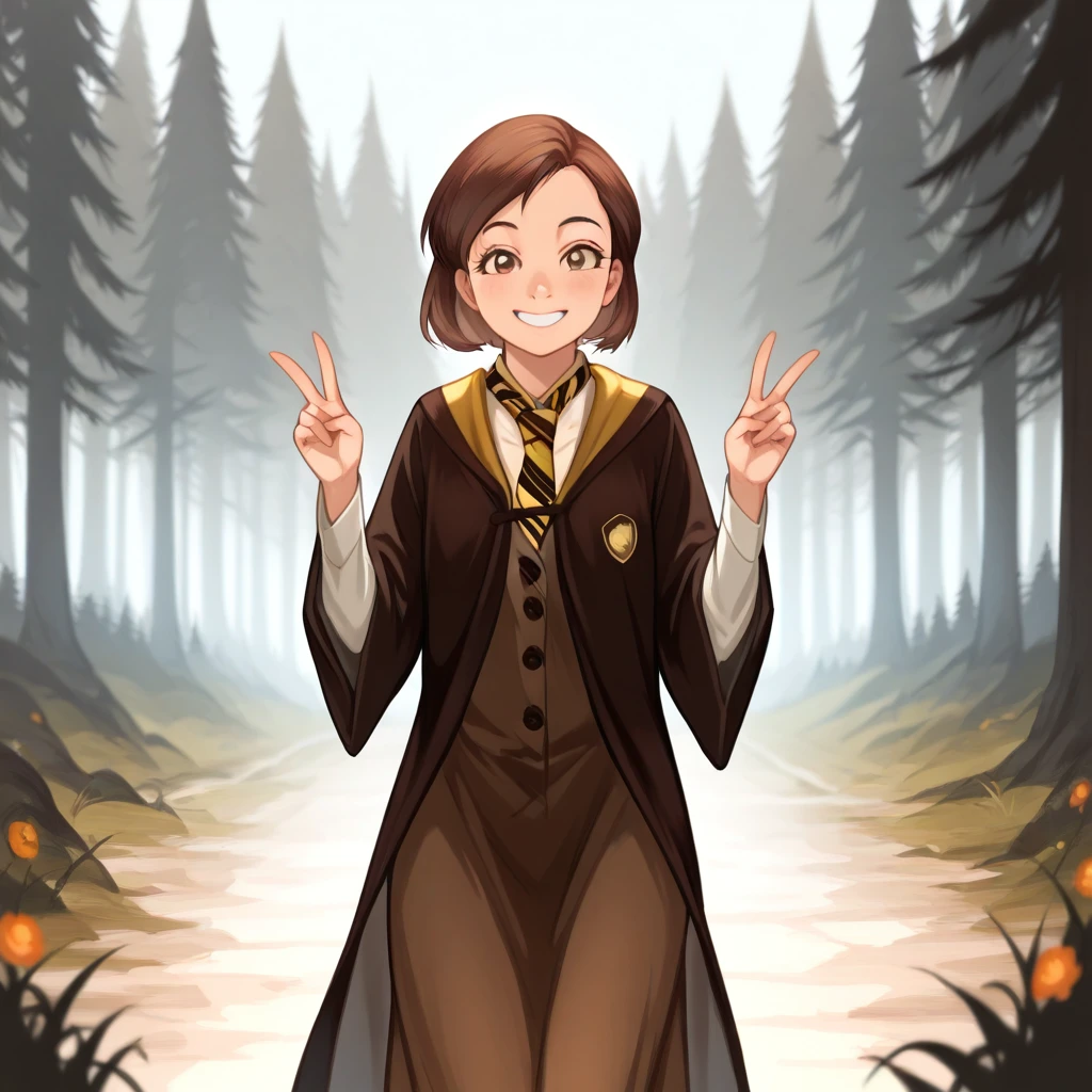 masterpiece, best quality, high quality, PoppySweeting, 1girl, solo, brown hair, short hair, brown eyes, smile, white shirt, necktie, brown dress, hogwarts school uniform, cowboy shot, outdoors, forest ,   <lora:PoppySweeting_illustrious_Leaf3-000010:1>, double v,