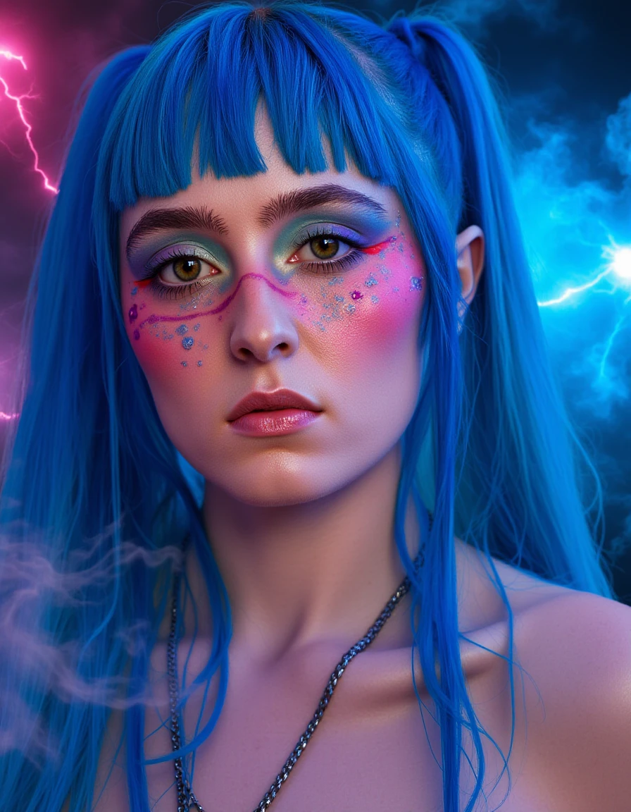 <lora:ashnikko-flux-000015:1> her, the, woman, and, has, blue, hair, ashnikko1 simple portrait wearing crazy garish makeup with awful lighting and lots of electricity and smoke