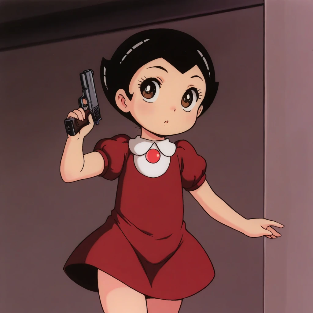 masterpiece, best quality, uran, 1girl, solo, black hair, short hair, brown eyes, red dress, short sleeves, cowboy shot,  <lora:AstroBoy_Uran_illustrious_Leaf1:1>, handgun, holding gun,