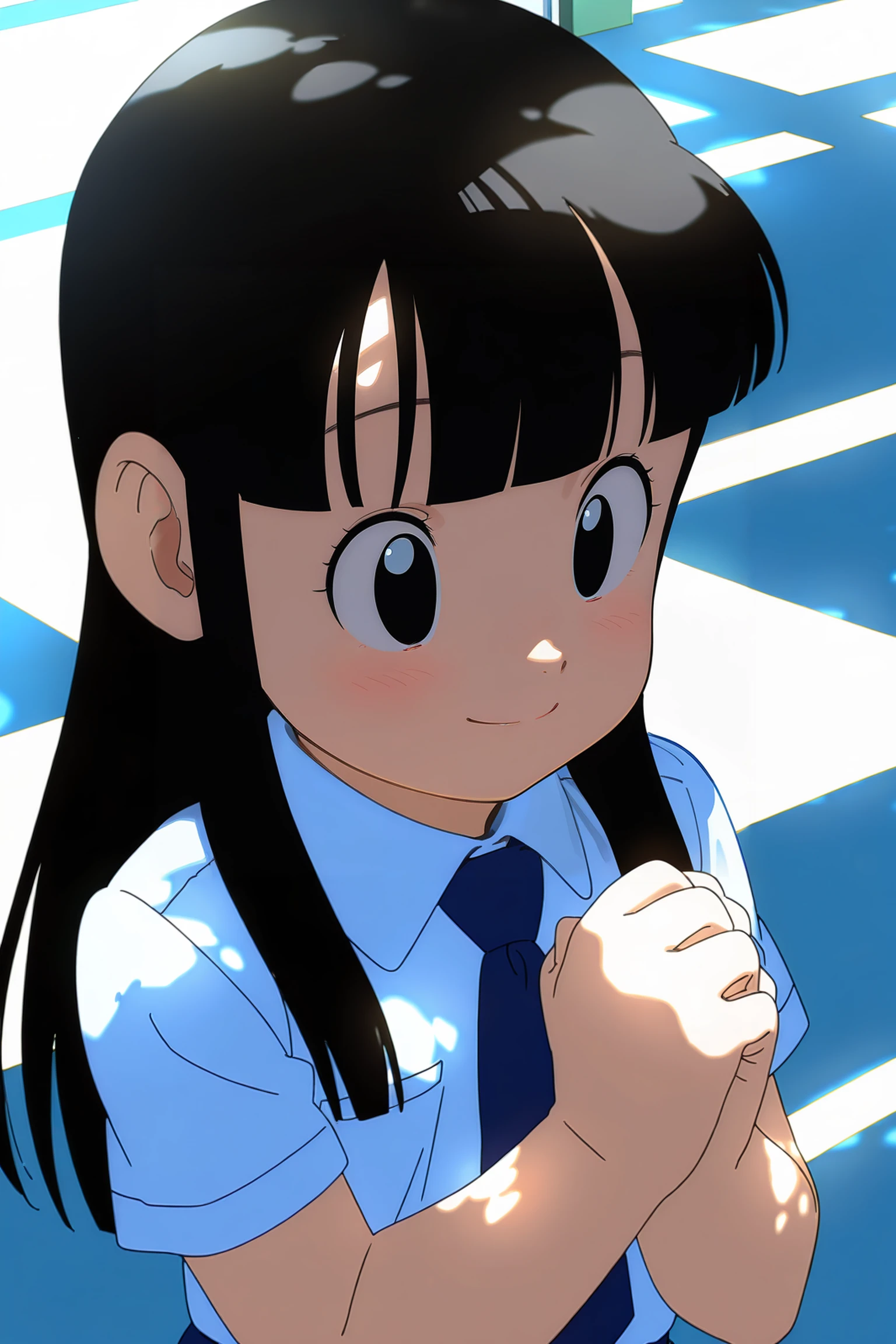 anime screencap, absurdres, high quality, official style,
chi-chi, aged down, female child, 1girl, solo, long hair, blunt bangs, smile, black hair, black eyes, white collared shirt, necktie, city, dappled sunlight, short sleeves, own hands together, upper body, from above, dappled sunlight, 
 <lora:Chi_Chi_IL:0.8>