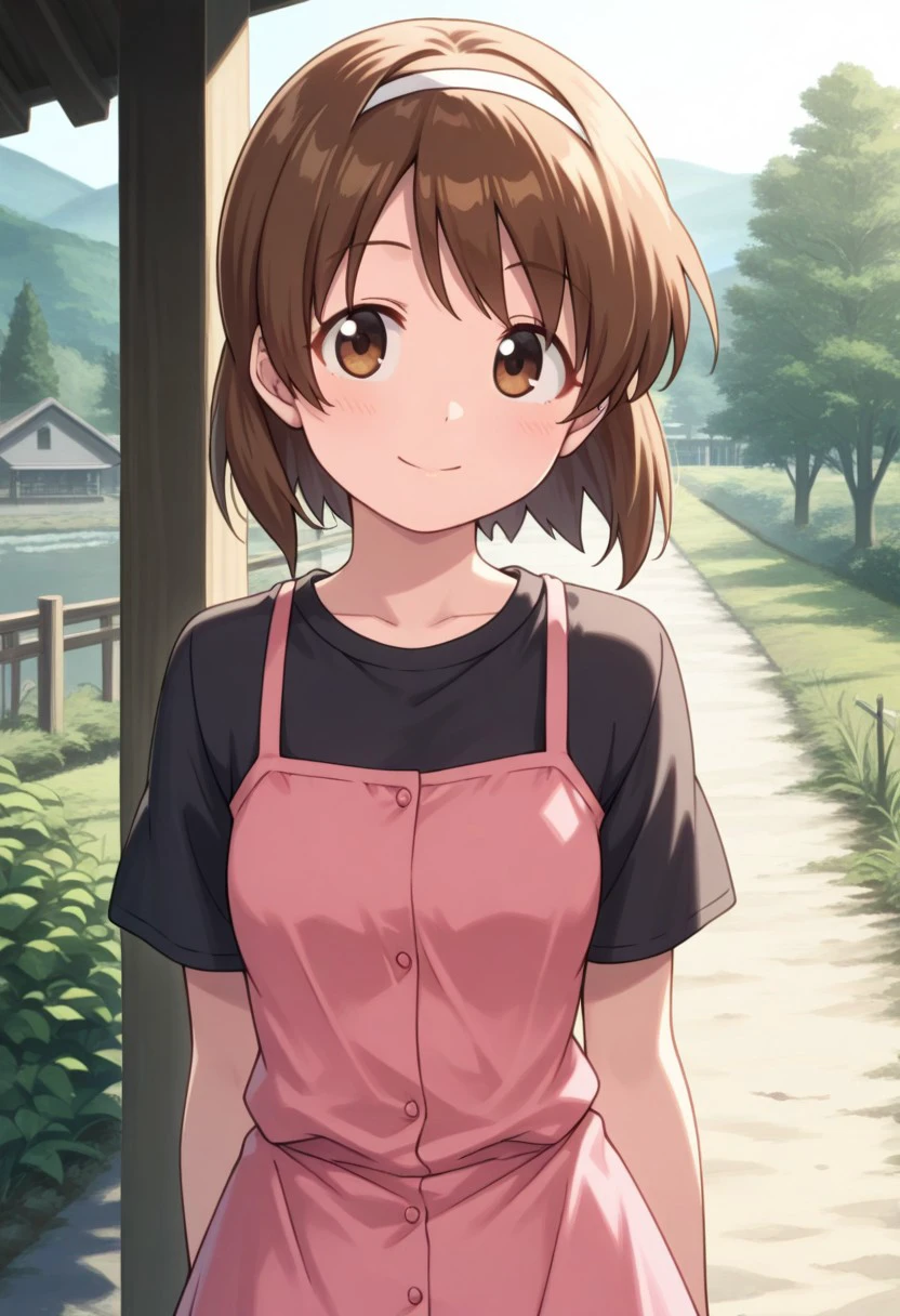 masterpiece, best quality, 
sanae, 1girl, solo, brown eyes, brown hair, hairband, short hair, shirt, black shirt, short sleeves, dress, pink dress, dress over shirt, smile,
outdoor,