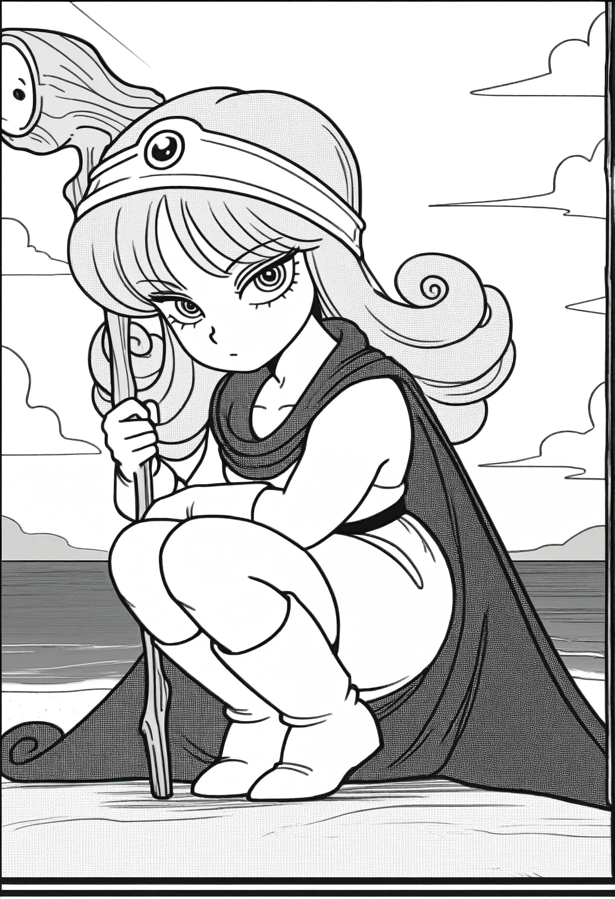 masterpiece, best quality, amazing quality, <lora:kr_sage_IL1.6:1>, monochrome, greyscale, screentones hair, kr_sage, 1girl, long hair, curly hair,
gloves, dress, cape,holding staff,
looking at viewer, squatting, close-up, 
BREAK beach, sky, cloud, sunlight,