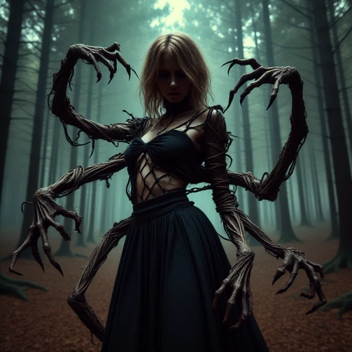 female in the woods  born of nightmares, with twisted limbs  contorted