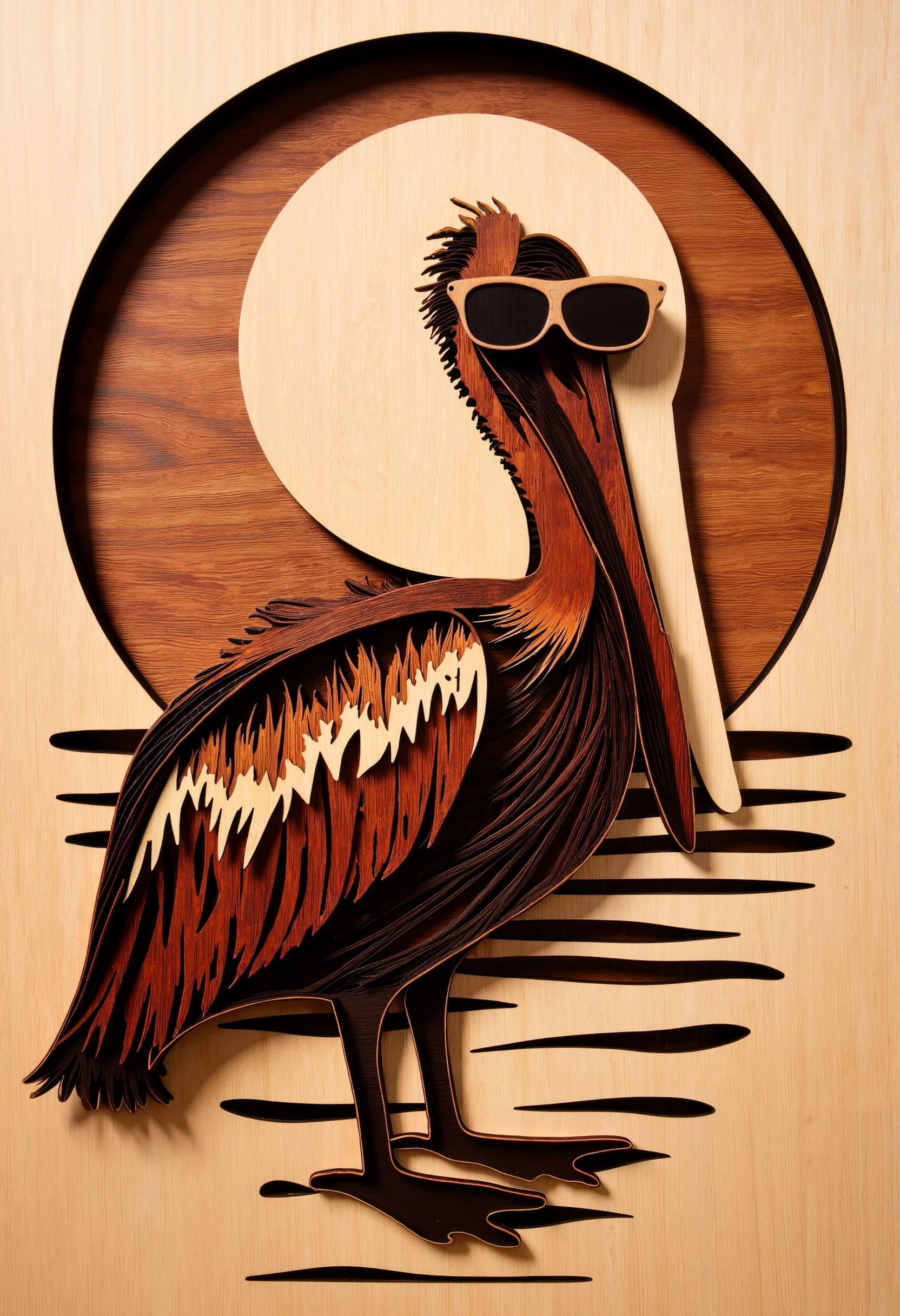 Laser cut, layered wood, a pelican wearing sunglasses