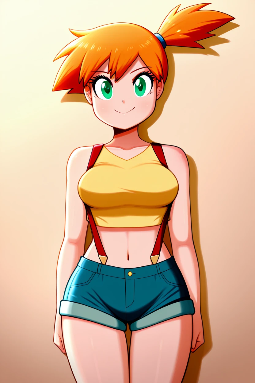 masterpiece, best quality, medium breasts,  BREAK, zzMisty, green eyes, orange hair, short hair, side ponytail, shorts, suspenders, midriff, yellow crop top, navel, denim shorts, <lora:MistyPokemonIXL:1.0>, smile, looking at viewer, cowboy shot,   <lora:theButcherXIXL_v5:1.0>,