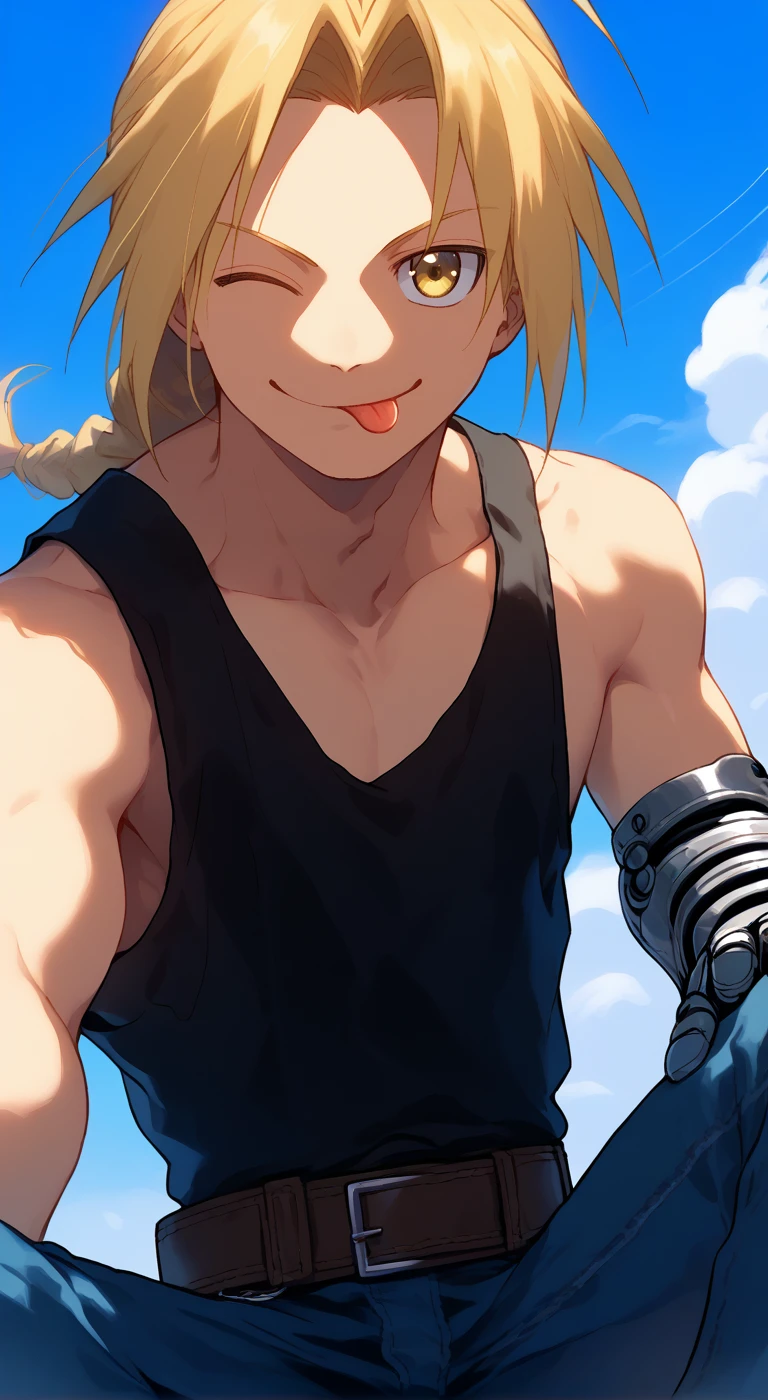 1boy,solo,male focus,lighter,edward elric,blonde hair,yellow eyes,long hair,ahoge,braided ponytail,single mechanical arm,black tank top,belt,jeans,smile,sky blue,smile,toned male,collarbone,naughty face,aged_up,one eye closed,tongue out,close-up