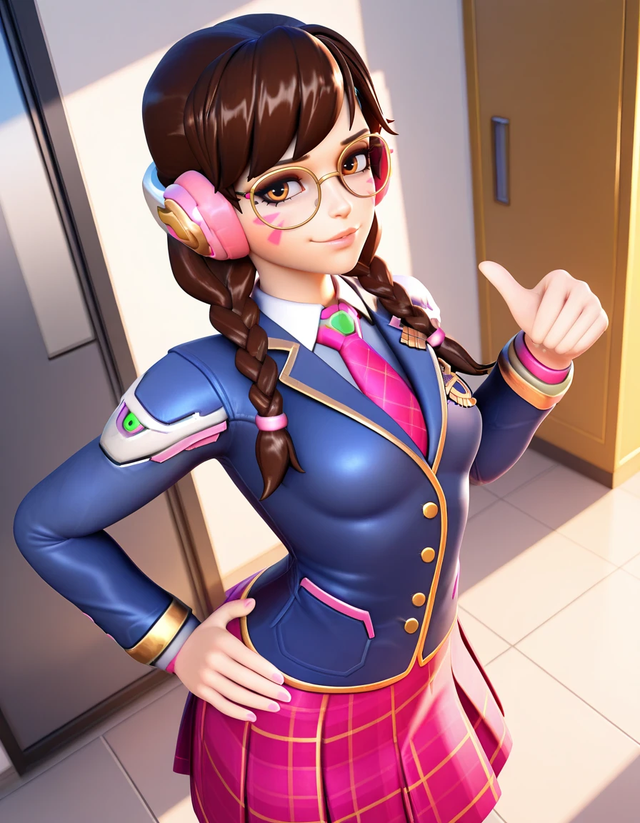 Masterpiece, high-res, 2k, best quality,   1 girl  , 3d,  d.va (overwatch), academy dva  , glasses,  <lora:dva academy illus-000040:1>  Standing with one hand on the hip looking confident