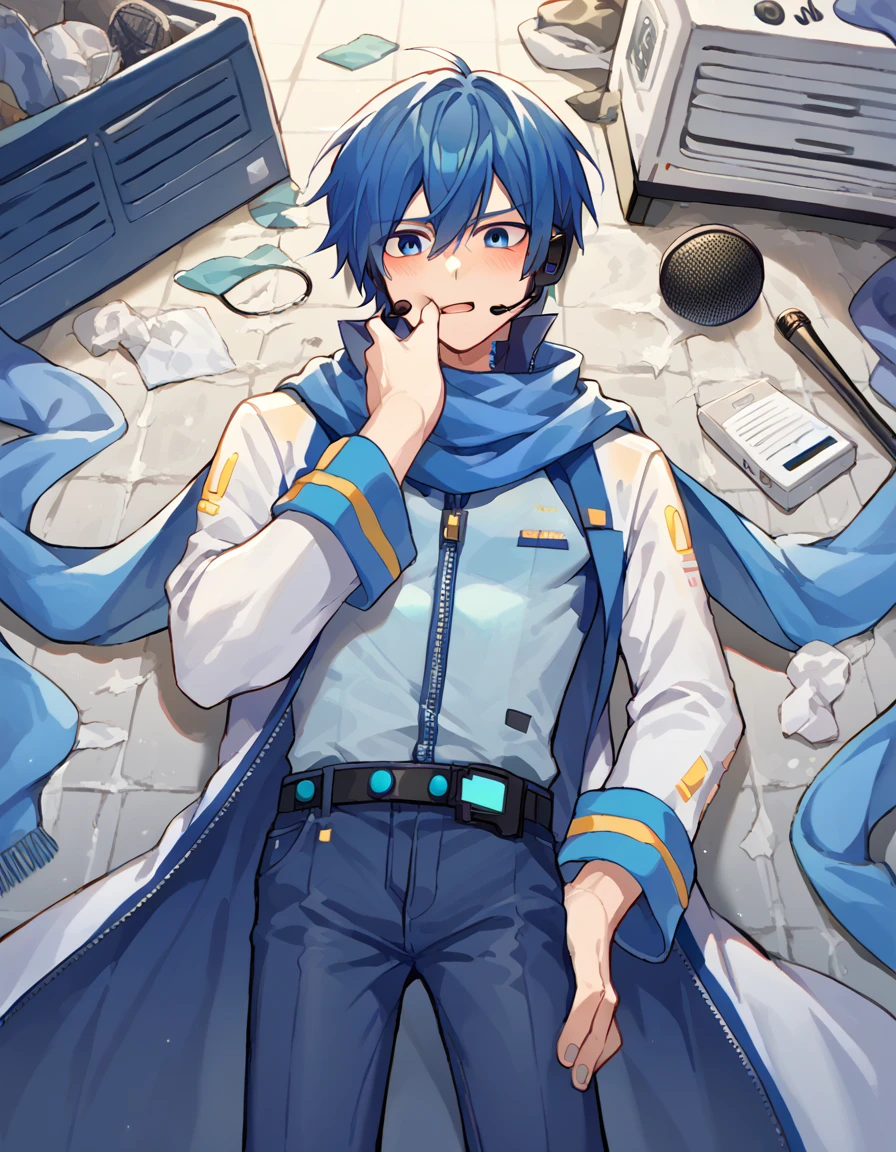 score_9, score_8_up, score_7_up, source_anime, <lora:vocaloid-kaito-ponyxl-lora-nochekaiser:1>, kaito, kaito (vocaloid), blue eyes, blue hair, male focus,, belt, blue pants, blue scarf, blue shirt, coat, headset, microphone, pants, scarf, see-through clothes, zipper, messy room, clutter, clothes on floor, disorganization, laundry, , <lora:pov-cheek-grabbing-ponyxl-lora-nochekaiser:1> pov cheek grabbing, pov cheek grabbing (meme), meme, squeezing cheeks, pov hands, cheek squash, face grab, pov, blush, parted lips, bed room,, cowboy shot, looking at viewer,, looking at viewer, solo,, dutch angle, cowboy shot