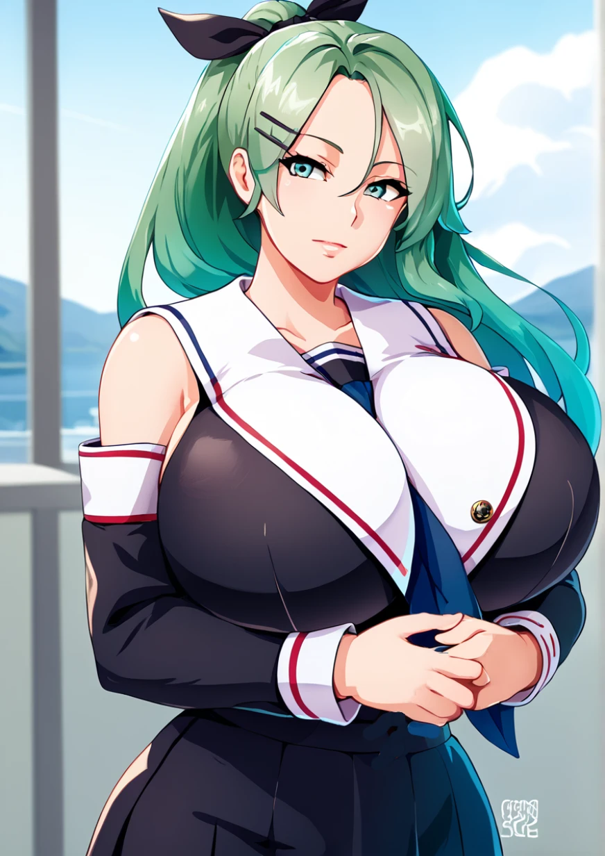 1girl, admiral (kancolle), t-head admiral, yamakaze (kancolle), huge breast, , black ribbon, black serafuku, blue neckerchief, detached sleeves, green eyes, green hair, hair between eyes, hair ornament, hair ribbon, hairclip, head tilt, long hair, looking at viewer, neckerchief, parted bangs, ponytail, ribbon, school uniform, serafuku, sidelocks, solo,  handfixer,zPDXL3 <lora:Breast Slider - Pony_alpha1.0_rank4_noxattn_last:3> <lora:HandFixer_pdxl_Incrs_v1:1>  <lora:grand_sage:1>