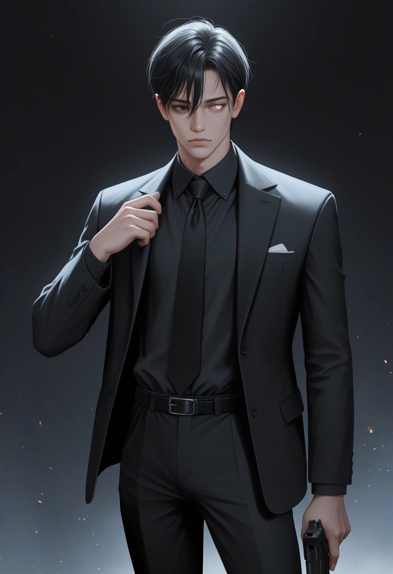 masterpiece, best quality, realistic, <break> male focus, solo, 1boy, expressionless, looking to the side, standing, holding gun, handgun, hand up, short hair, black hair, hair between eyes, heterochromia, black eyes, white eyes, formal, black suit, black jacket, suit jacket, open jacket, long sleeves, black shirt, collared shirt, black necktie, black pants, black belt, dark background
<segment:yolo-Anzhc Face seg 640 v2 y8n.pt,0.4,0.5//cid=1>