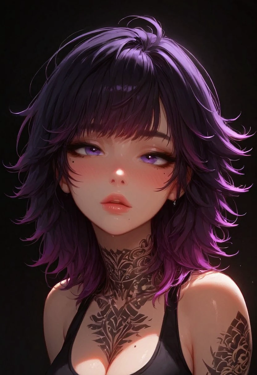 (score_9, score_8_up, score_7_up), <lora:wolf_cut:1.5>, a close-up shot focusing on a girl collarbone and up, (((portrait shot, face focus))), solo, 1girl, wolfCut, (bangs), (two-toned hair), black and purple hair, neck-length hair, small perky breasts, cleavage, pretty face, blush, purple eyes, ((mole under left eye)), (modern tattoos),((tattoo on chest)),pale skin, makeup, sports bra, vivid colours, Expressiveh, (white background)