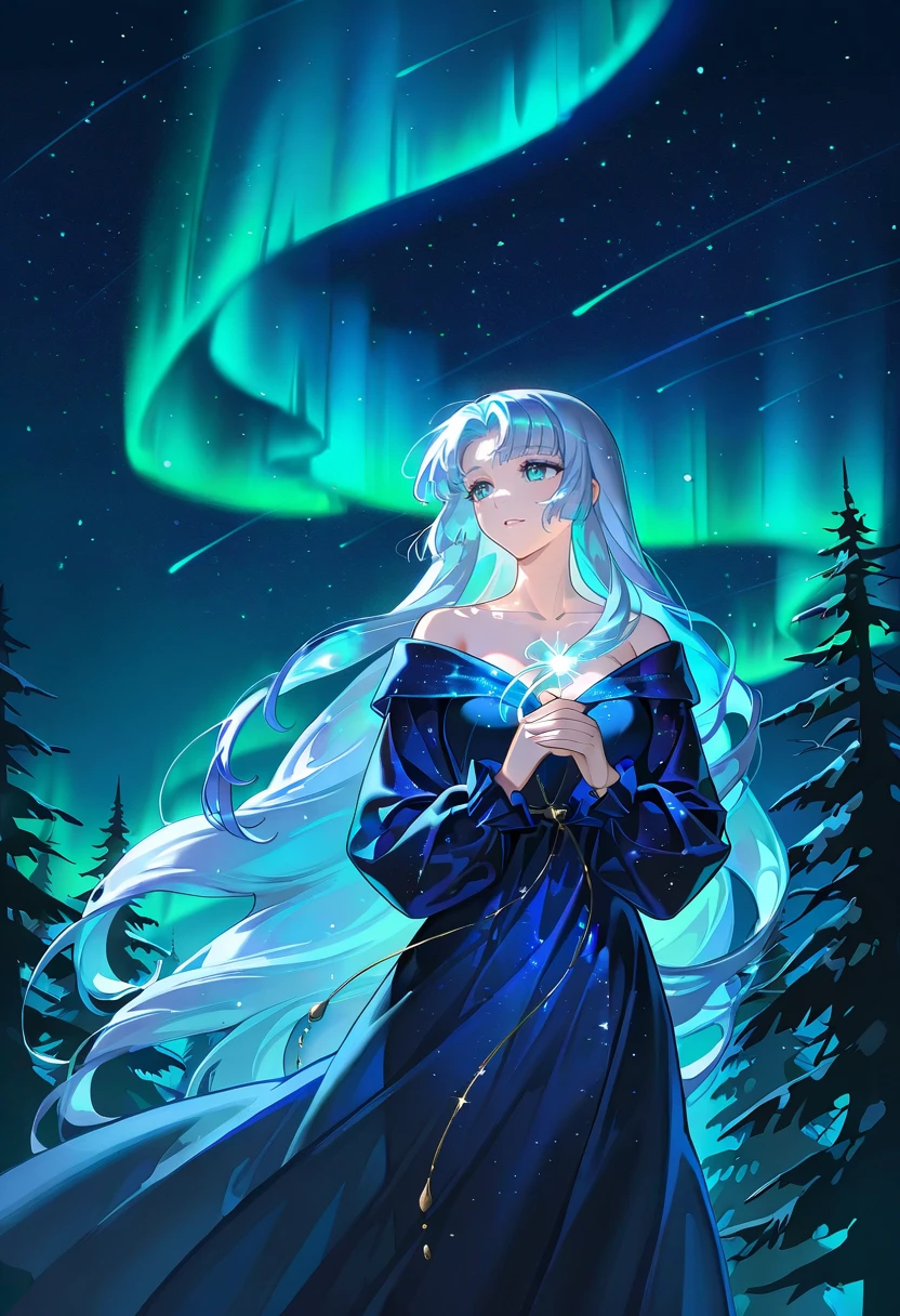 aurora borealis, aurora, starry sky, night,1girl,enchanted forest, ethereal glow, icy winds, frosted hair,