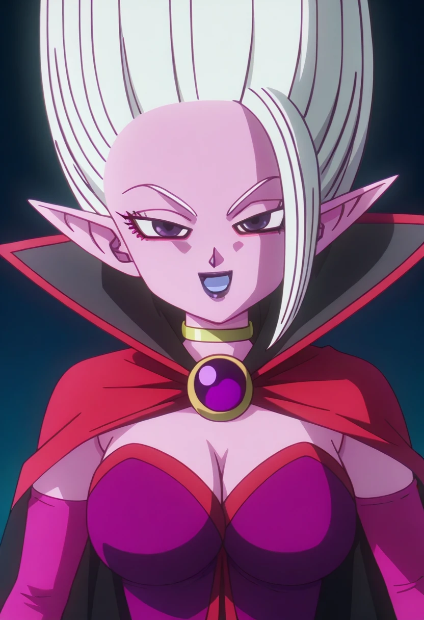 anime screencap,8k, absurd res, 1girl, solo, looking at viewer,white hair,long hair,purple eyes,upwards hair,makeup,pink skin,wearing a dress,elbow gloves,lipstick,cape,upper body,outdoors,detailed background,arinsu_(dragon_ball_daima), open mouth,smile, <lora:arinsu_(dragon_ball_daima):1>