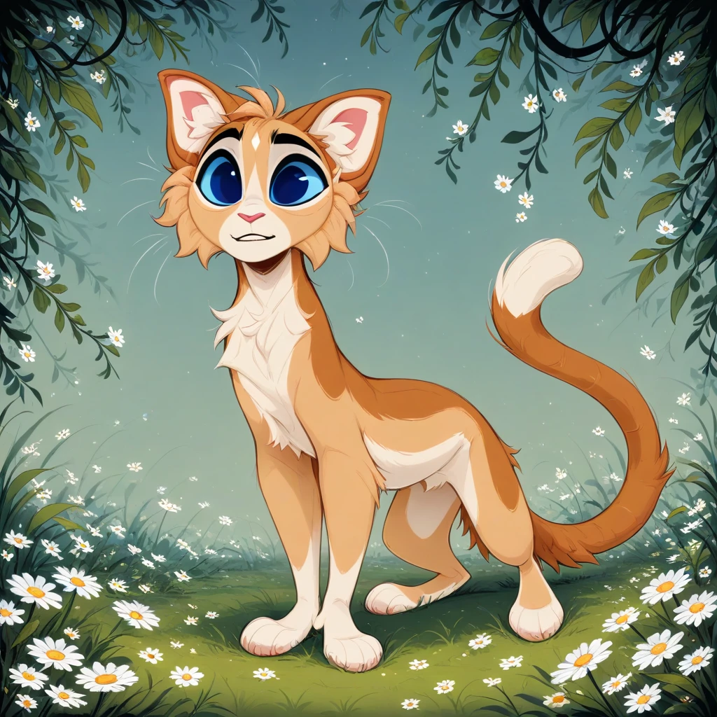 solo, full body, feline, domestic cat, tan body, blue eyes, daisy \(warriors\), digital media \(artwork\), detailed background, warriorcats <lora:warriorcats_1.0noob:1>