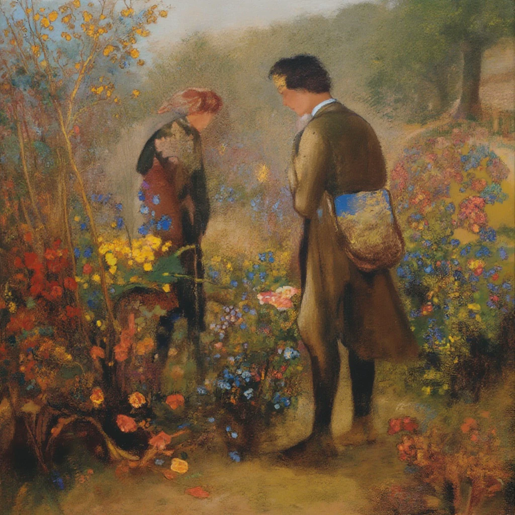 a odilonredonstyl men talking in a garden, painting