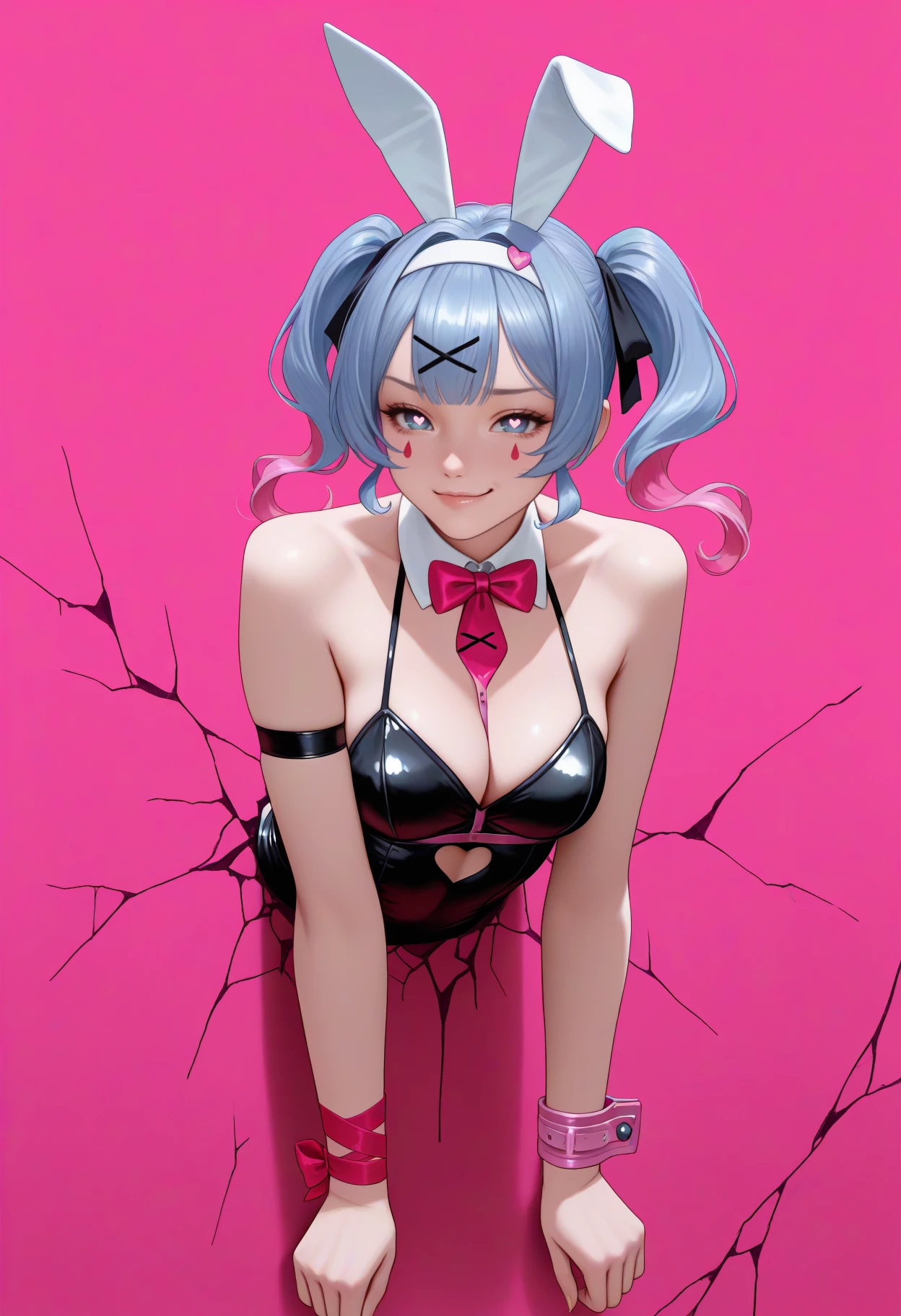 masterpiece, best quality, realistic, <break> upper body, cropped torso, negative space, wide shot, solo, 1girl, rbthlmk, teardrop facial mark, smirk, looking at viewer, through wall, multicolored hair, blue hair, pink hair, twintails, x hair ornament, hair ribbon, white hairband, blue eyes, heart-shaped pupils, playboy bunny, black leotard, heart cutout, detached collar, pink bowtie, arm strap, wrist ribbon, wrist cuffs, cleavage, simple background, pink background, cracked wall
<segment:yolo-Anzhc Face seg 640 v2 y8n.pt,0.4,0.5//cid=1>