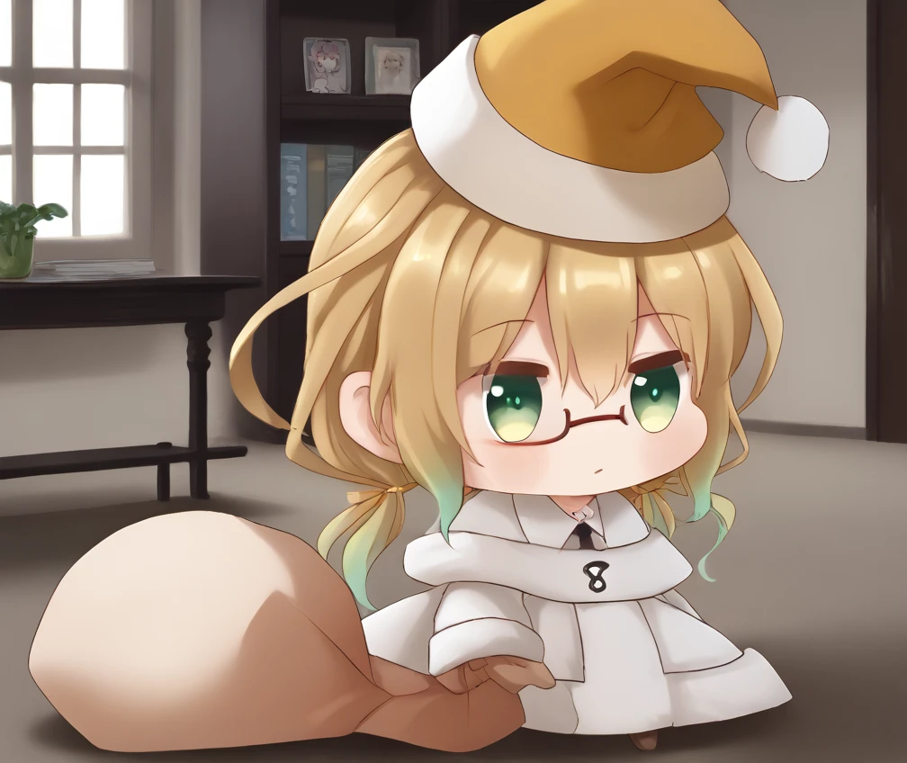 blonde,green eyes,  <lora:Padoru:1>,padoru,right, <lora:hachi.pony:1>,hachi,chibi,room,gradient hair, side