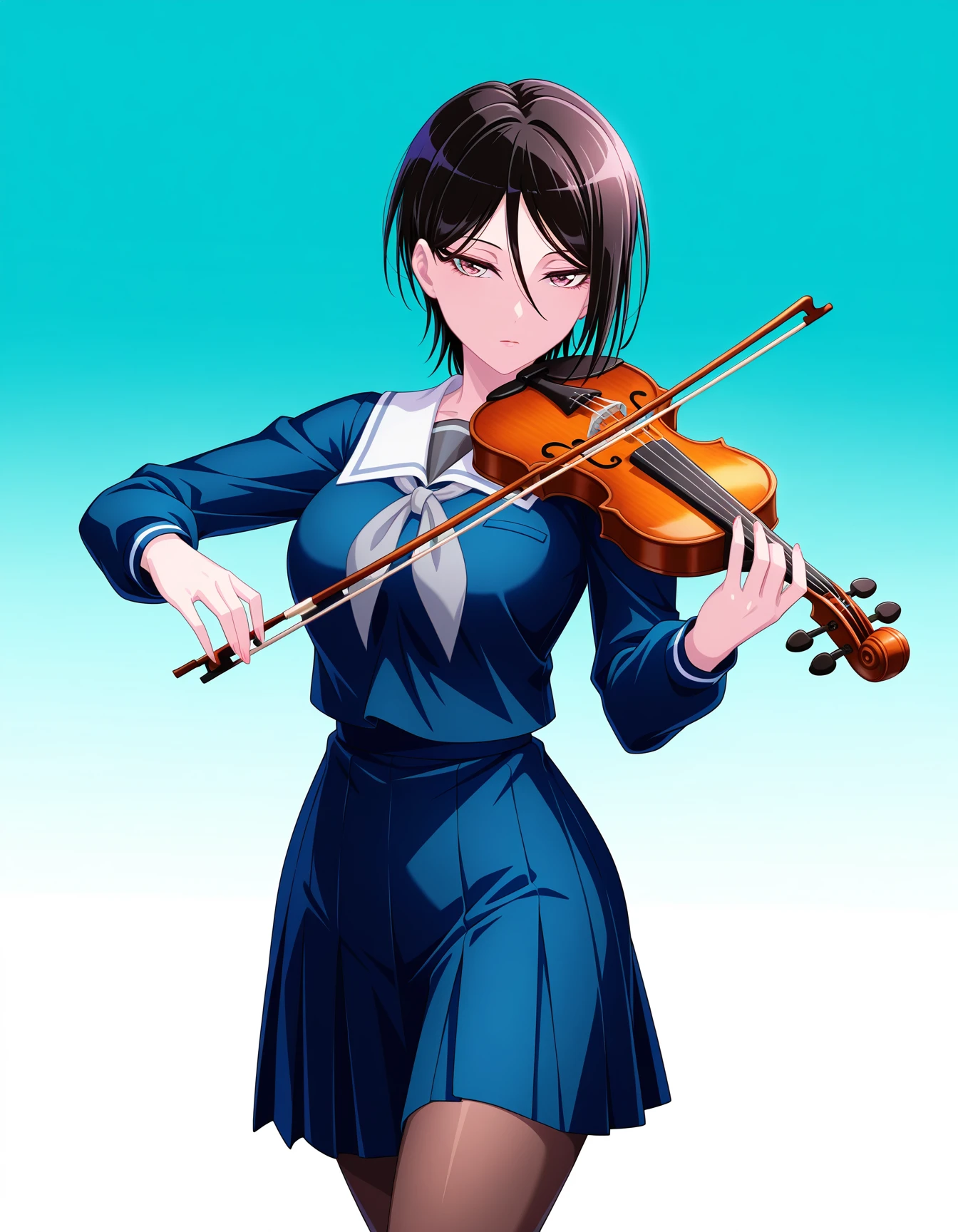 yashio rui, 1girl, tsukinomori school uniform, breasts, solo, blue serafuku, grey neckerchief, white sailor collar, looking at viewer, <lora:yashio_rui_illuXL:0.8>, brown pantyhose, cowboy shot, playing instrument, violin, mature female, expressionless, light aqua background, white background, gradient background,, very awa, masterpiece, best quality, highres, absurdres, newest,