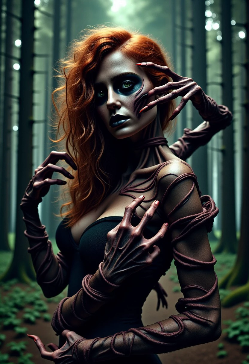 This is a highly detailed, dramatic photograph of a woman  born of nightmares, with twisted limbs  contorted with a striking, otherworldly appearance, set in a dense, misty forest. The woman has long, unkempt, curly red hair and pale, gaunt skin. Her eyes are wide open, with a haunting, almost ethereal glow, giving her a supernatural appearance. Her face is painted with dark, smudged makeup, enhancing the eerie atmosphere.