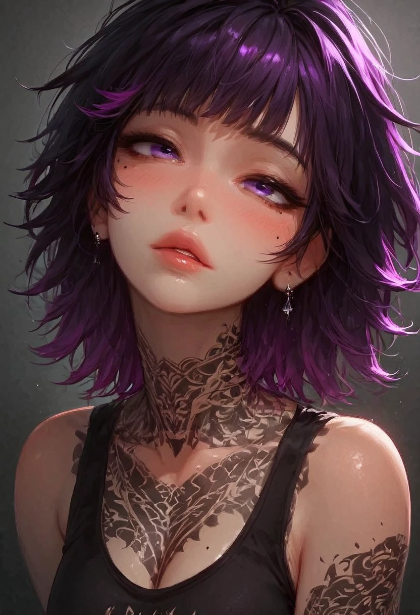 (score_9, score_8_up, score_7_up), <lora:wolf_cut:1.5>, a close-up shot focusing on a girl collarbone and up, (((portrait shot, face focus))), solo, 1girl, wolfCut, (bangs), (two-toned hair), black and purple hair, small perky breasts, cleavage, pretty face, blush, purple eyes, ((mole under left eye)), lot of piercings, (modern tattoos),((tattoo on chest)),pale skin, makeup, sports bra, vivid colours, Expressiveh, (white background)