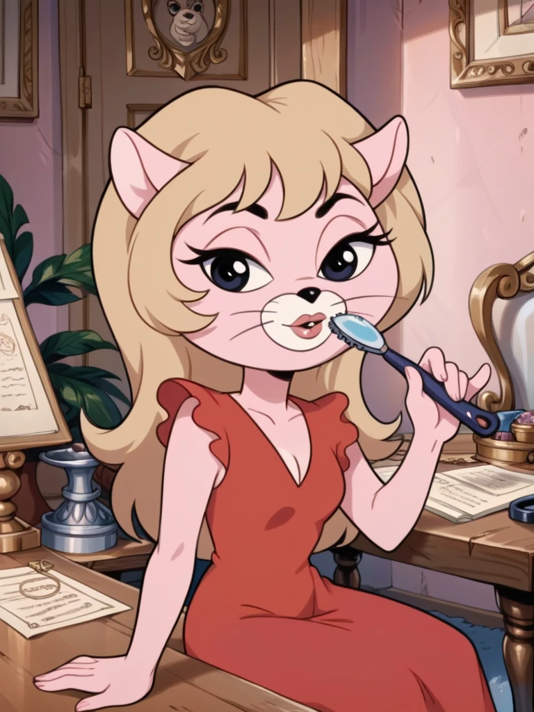 score_9, score_8_up, score_7_up, score_6_up, score_5_up, score_4_up, source_furry, Kitty_Glitter, blonde hair, long hair, pink fur, red dress, bedroom, vanity table, applying makeup, detailed face, detailed eyes, detailed background, <lora:kitty-glitter-v1:1.0>