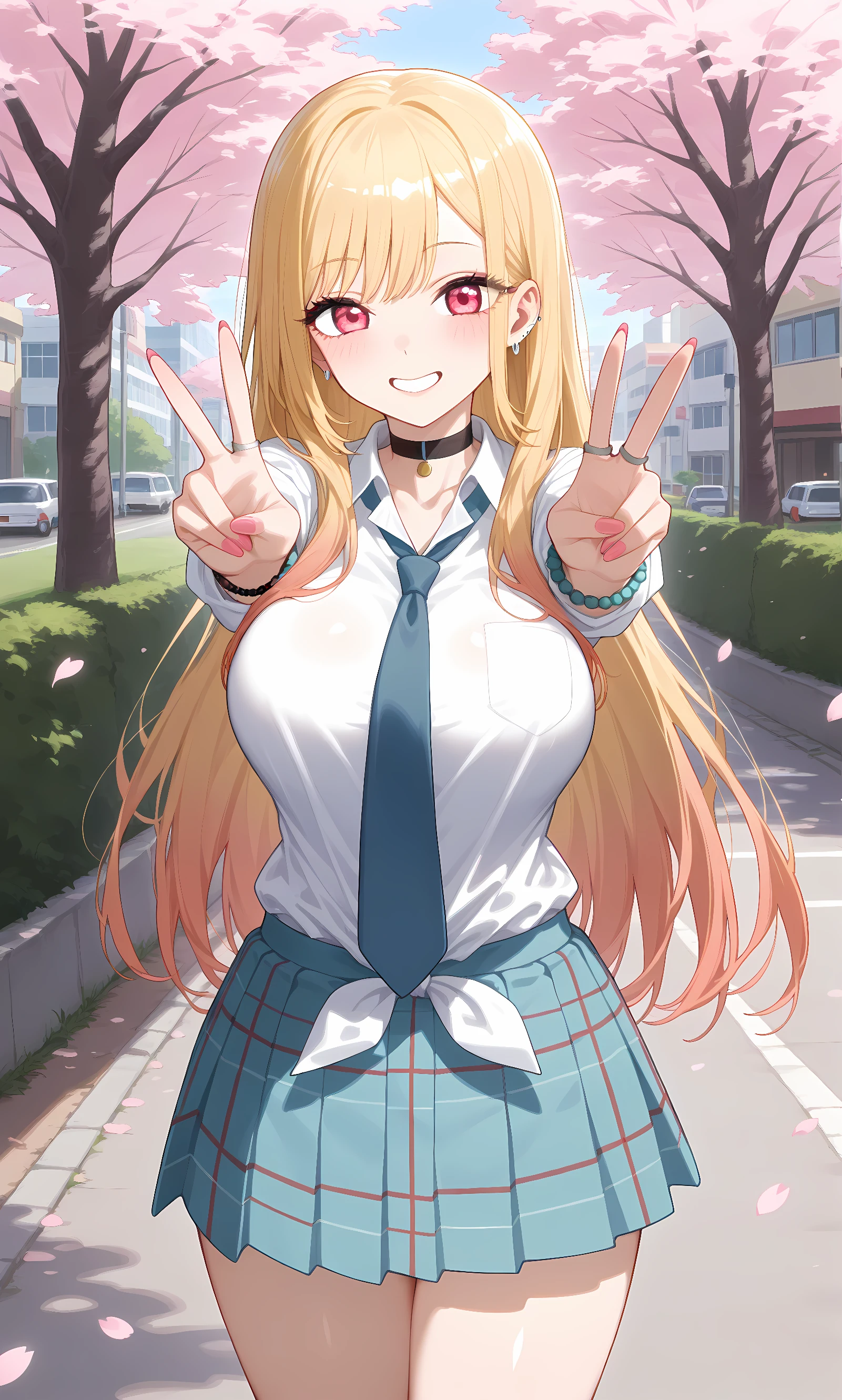 score_9, score_8_up, score_7_up, source_anime, 1girl, solo, outdoors, street, cherry blossoms, cowboy shot, looking at viewer, shiny skin, looking at viewer, standing, double v, outstretched arms, kitagawa_marin, pink eyes, blonde hair, long hair, gradient hair, choker, collared shirt, bracelet, long sleeves, blue necktie, blue skirt, plaid skirt, pleated skirt