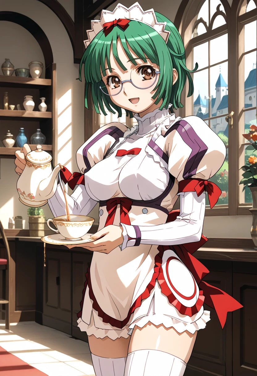 score_9, score_8_up, score_7_up, source_anime BREAK 1girl, solo, <lora:gravion_eina:1>, gravion_eina,  (1990s\(style)\:0.5), detailed eyes, cowboy shot, pouring, holding cup, holding teapot, short dress, apron, turtleneck, puffy sleeves, long sleeves, maid headdress, ribbon, white thighhighs, breasts, green hair, short hair, bangs, glasses, brown eyes, looking at viewer, smile, open mouth, castle, indoors, <lora:holding_teapot_pouring_3_final_d32:0.7>