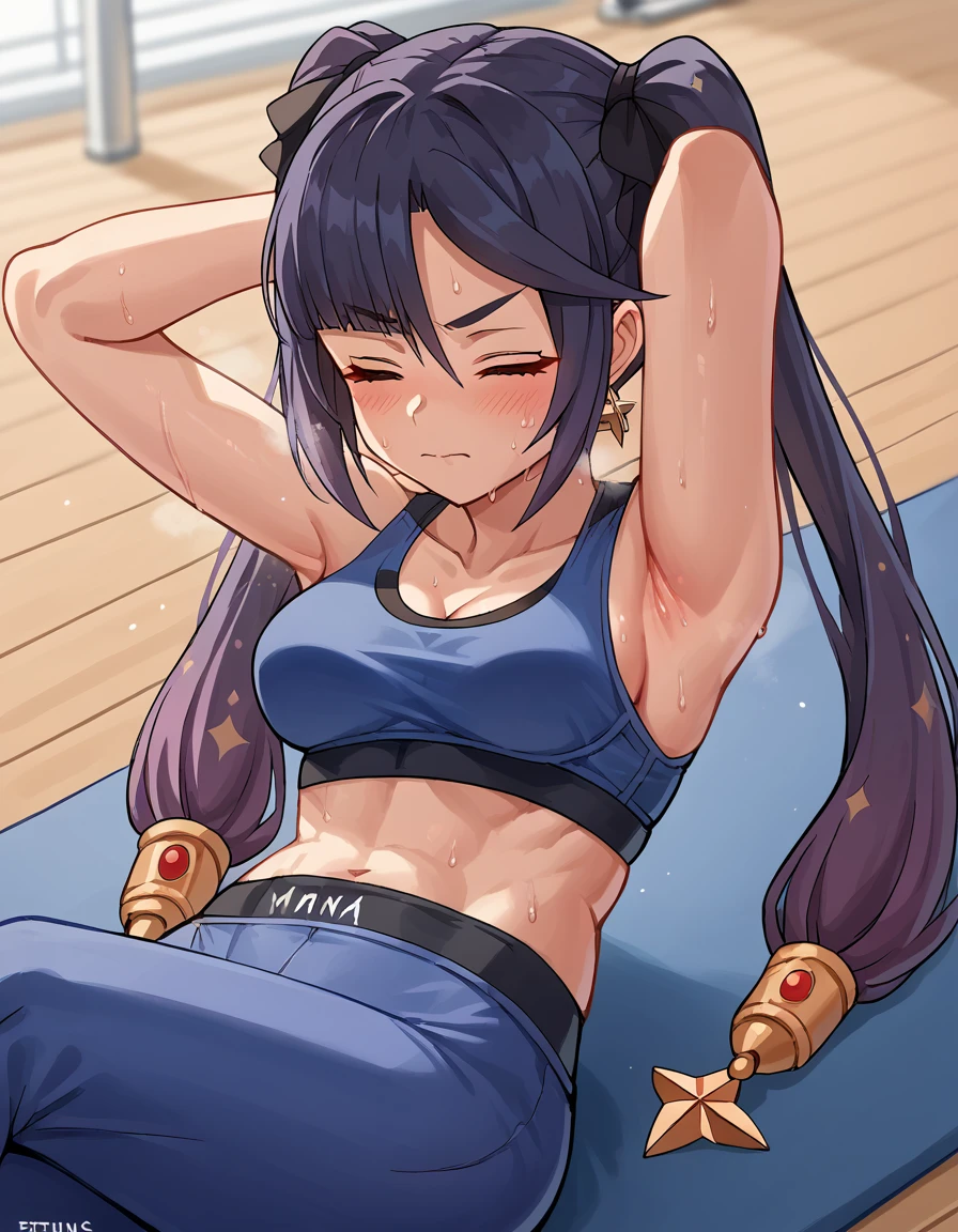 score_9, score_8_up, score_7_up, source_anime, <lora:mona-megistus-ponyxl-lora-nochekaiser:1>, mona megistus, long hair, bangs, twintails, purple hair, medium breasts, <lora:sit-up-ponyxl-lora-nochekaiser:1>, sit-up, exercising, arms behind head, armpits, arched back, struggling, lying, on back,, yoga pants, sports bra, steam, sweat, blush, gym, closed eyes, solo, cowboy shot,