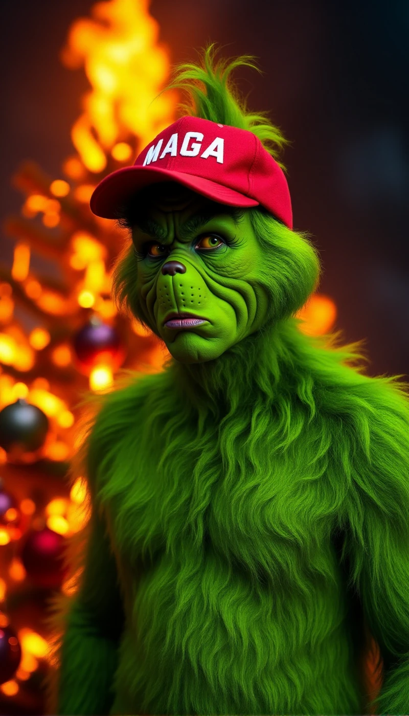 <lora:Grinch:0.9> grinch, a full body green furry man wears a red baseball cap with the text "MAGA". He stands in front of a burning chrismas tree