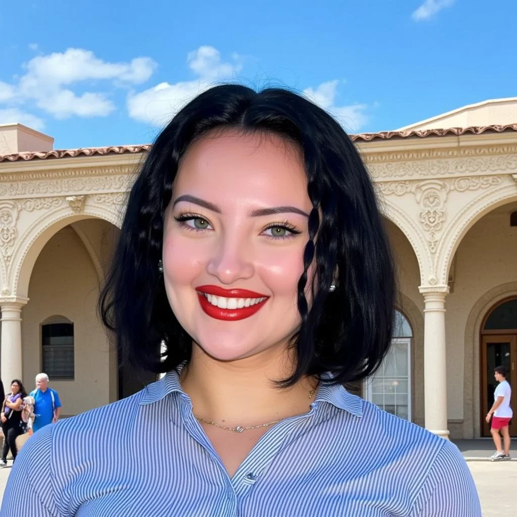 Alexandra Cohen \(Person\), WoeSenpai \(Person\), woesenpai69 \(Person\), Woe \(Person\), @yawoesenpai, @woesenpai69, @Woesenpaixo,  A woman with black hair and green eyes, wearing a blue and white striped shirt, smiling at the camera. She is standing in the middle of the image, with a bright blue sky and a few people in the background. The building behind her has arches and intricate carvings, and the image is taken from a low angle, giving a clear view of her upper body. The lighting is bright and natural, highlighting  the blue sky.