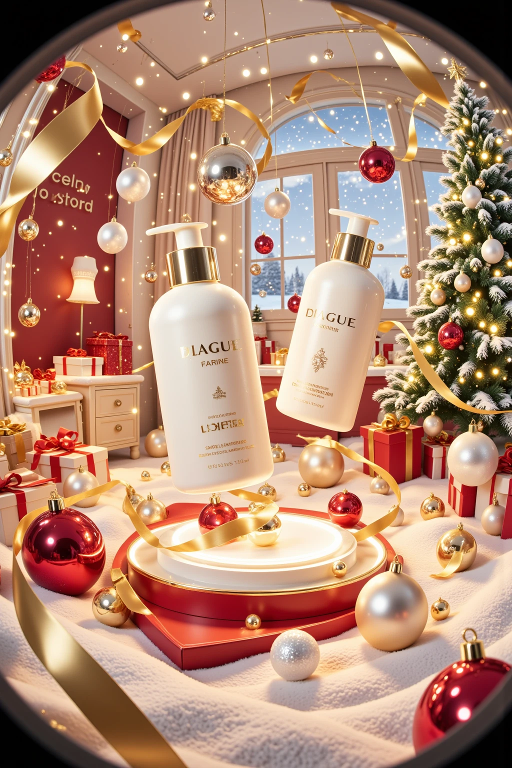 fisheye lens, two bottles of lotion floating magically in mid-air, set against a backdrop rich with Christmas decor. The scene is filled with the warmth of the holiday season, featuring a beautifully lit Christmas tree adorned with tinsel and ornaments, as well as a variety of festive ribbons and garlands that crisscross the space. The bottles of lotion, with their sleek and glossy packaging, catch the light in a way that highlights their premium quality, while their levitation adds an element of wonder and magic to the composition. The atmosphere is one of cozy enchantment, with the scent of pine and cocoa wafting through the air.