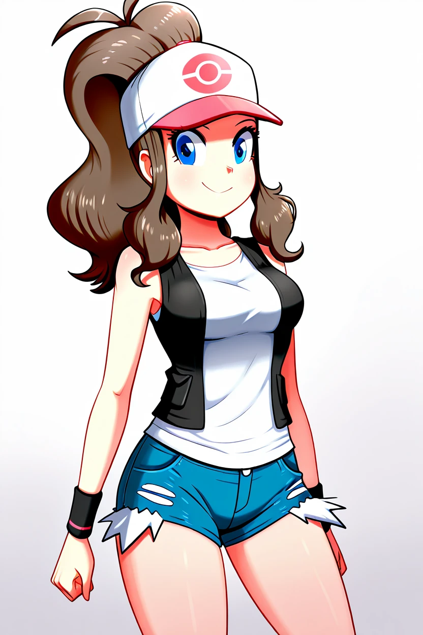 masterpiece, best quality, medium breasts,  BREAK, zzHilda, blue eyes, long hair, high ponytail, sidelocks, hat, collarbone, white shirt, black vest, sleeveless, wristband, short shorts, denim shorts, exposed pocket, <lora:HildaPokemonIXL_e08:1.0>, smile, looking at viewer, cowboy shot,   <lora:theButcherXIXL_v5:1.0>,