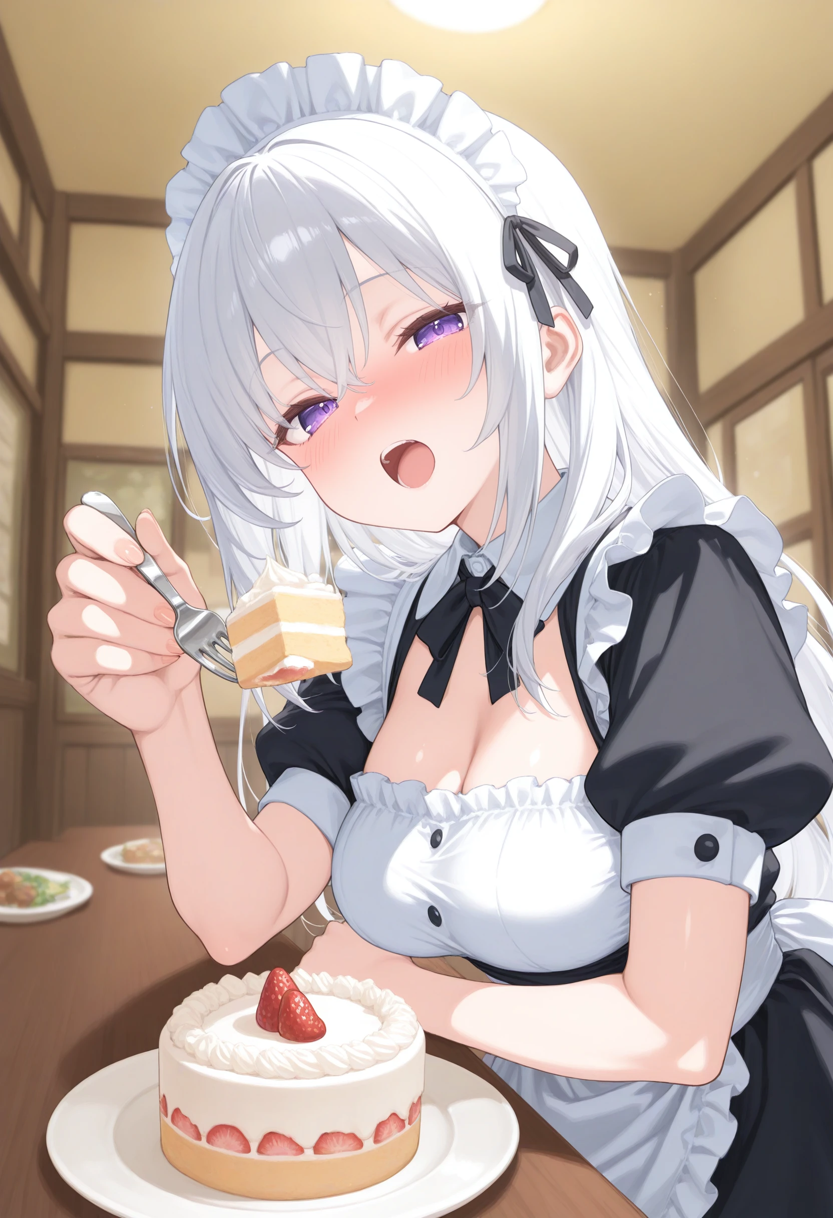 1girl,(sho \(sho lwlw\):0.7),(toosaka asagi:0.5),(sincos:0.3),solo,
masterpiece, best quality, newest, absurdres, CG, anime, source anime, illustration,
maid, maid headdress,medium breasts,
feeding,food, open mouth, incoming food, looking at viewer , <lora:feeding_Illust_v1:0.8>
cake, plate ,holding fork,
from side, panorama shot, looking at viewer, white hair, purple eyes,drunk, dormitory, open mouth, shiny hair,