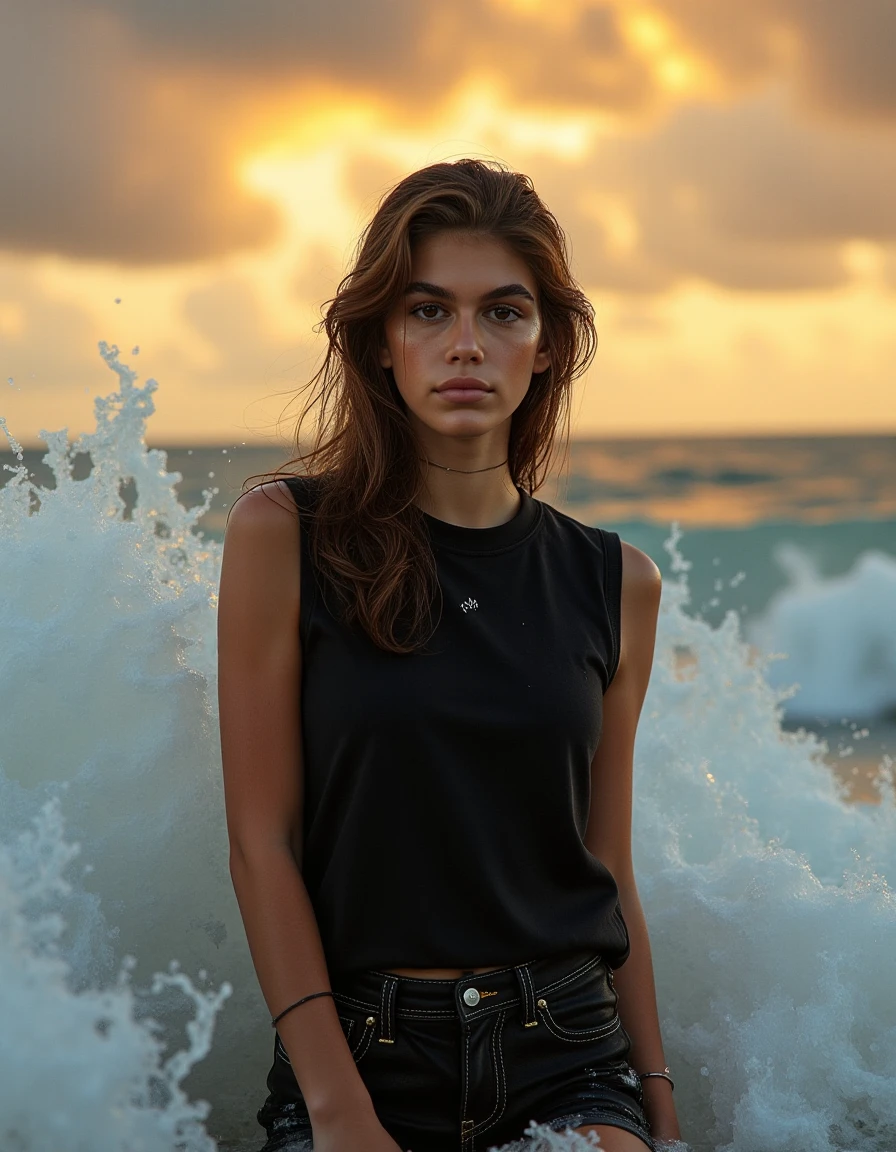 <lora:kaiagerber4fluxd:1.1> kaiag3rb3r, A (close-up:1.2) photograph of a woman bathing in the sea,  soaking wet hair and face,  in a black sleeveless short cut sweatshirt and black jean shorts, facing the camera, surrounded by crashing waves. The waves are presented dynamically , almost like liquid forms. The woman is elegant and graceful, but is depicted in a surreal pose, as if partially merging with the waves. The sky has a dramatic, dreamlike quality,   The color of the sky is intense, with gold and orange hues interacting with the waves and sea in a surreal way. The scene is simultaneously calm and strange, like a dream, blurring the line between reality and imagination.