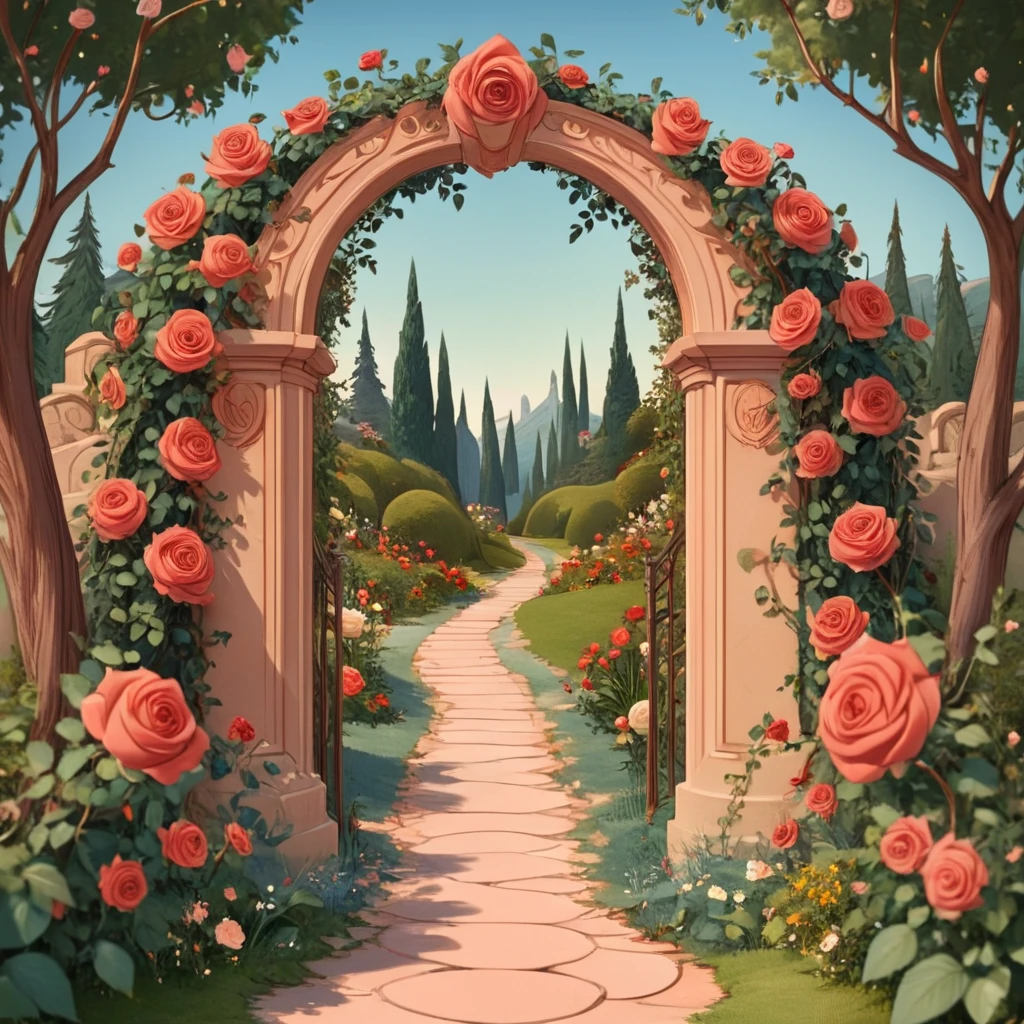 <lora:Disney_NouveauSDXL:1> ArsMJStyle,Disney Nouveau, The image shows an archway in the middle of a garden with roses growing on it surrounded by trees plants flowers and a path. In the background there are hills and a clear blue sky., no humans, flower, tree, red flower, scenery, rose, outdoors, bush, red rose, arch