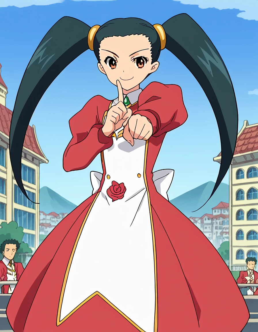 score_9, score_8_up, score_7_up, source_anime, <lora:karla-bellini-s1-ponyxl-lora-nochekaiser:1>, karla bellini, long hair, black hair, twintails, brown eyes, anime screencap,, long sleeves, dress, red dress, puffy sleeves,, Man-made, architecture, structures, civilization, urban, smile, <lora:koi-dance-ponyxl-lora-nochekaiser:1>, koi dance, index finger raised, dancing, outstretched arm, pointing at viewer, pointing, pointing up,, looking at viewer, solo,, dutch angle, cowboy shot