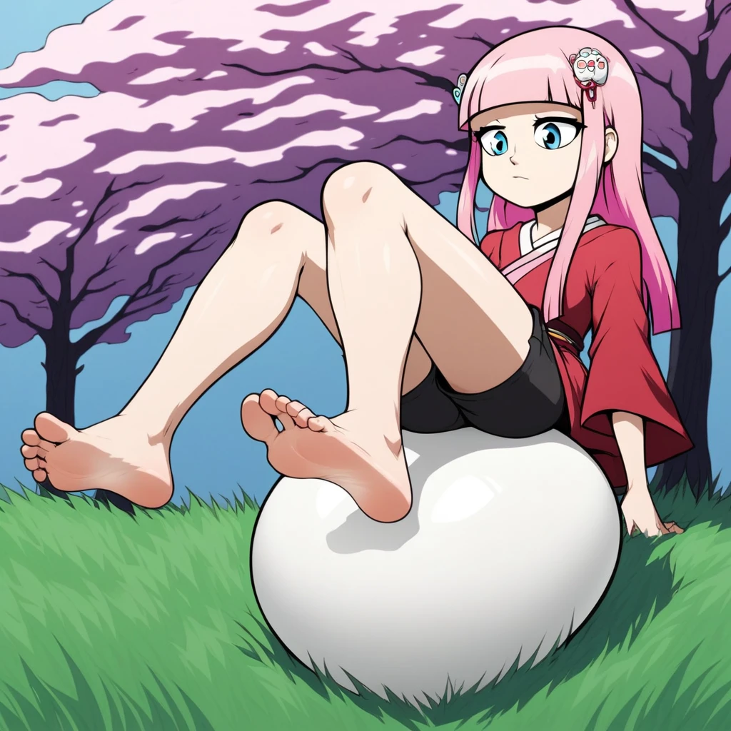 long hair, simple background, red dress, short hair, pink kimono, blunt bangs, feet, egg underneath. incubating, dress, solo, pink hair, shorts, egg underneath, blue eyes, barefoot, soles, tree, egg, english text, multicolored hair, grass, hair ornament