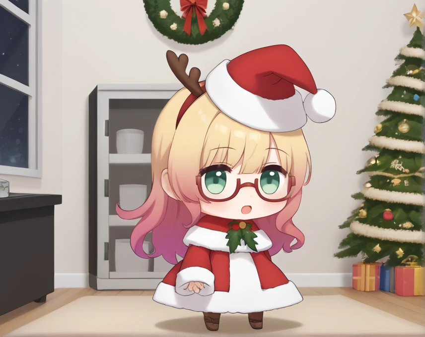 <lora:Padoru:1>,padoru,right,room,gradient hair,,semi-rimless eyewear, Christmas tree,open mouth, ,full body, , green eyes,chibi